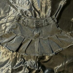 Grey Denim Flared Pleated Mini Skirt